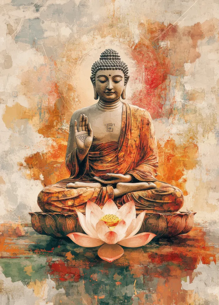 Warm watercolor painting of Lord Buddha in lotus posture with Abhaya Mudra blessing hand and pink lotus. | PrintPosters.in